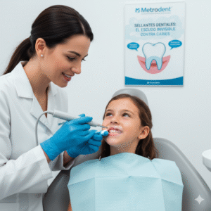 Introducción: Blindando las Zonas de Mayor Riesgo La salud bucal comienza con la prevención. Aunque el cepillado diario y el uso de hilo dental son esenciales, hay zonas de la boca que la higiene habitual no logra limpiar completamente: las fosas y fisuras de los dientes posteriores. Estas grietas microscópicas en los molares y premolares actúan como trampas para los restos de comida y las placas bacterianas, convirtiéndose en el caldo de cultivo perfecto para la caries dental. La solución, rápida e indolora, se encuentra en la odontología preventiva: los sellantes dentales. Este tratamiento, altamente recomendado en odontopediatría, consiste en aplicar una capa protectora que sella estas irregularidades, creando una superficie lisa y fácil de limpiar. En este artículo, exploraremos por qué los sellantes son la barrera física más efectiva contra las caries y cómo se aplica este procedimiento. 1. ¿Qué son los Sellantes Dentales y Por Qué son Vitales? Un sellador dental (también conocido como sellador de fosas y fisuras) es una resina delgada y fluida que se adhiere a la superficie oclusal de los dientes. Su objetivo primario es evitar la acumulación de bacterias y ácidos en las grietas naturales de los molares. El Riesgo de la Morfología Dental Los dientes permanentes de los niños erupcionan con surcos tan estrechos y profundos que las cerdas del cepillo dental no pueden penetrar, dejando la zona desprotegida. Es por esto que los dientes recién erupcionados (generalmente alrededor de los 6 y 12 años, con la aparición de los primeros y segundos molares) son extremadamente vulnerables. Al aplicar el sellante, el dentista está: 1. Creando una Barrera: Bloquea la entrada de restos alimenticios y microorganismos. 2. Facilitando la Limpieza: Transforma la superficie rugosa en una lisa, haciendo que el cepillado sea realmente efectivo. 3. Prevención de Lesiones Cariosas Incipientes: Los estudios demuestran que los sellantes no solo previenen, sino que incluso pueden detener la progresión de una micro-caries ya existente al sellar su suministro de nutrientes. 2. Tipos de Sellantes Dentales: Resina vs. Ionómero de Vidrio La selección del material protector es crucial y depende de las necesidades específicas del paciente y de si se busca una liberación adicional de flúor: Tipo de Sellante Composición Principal Ventajas Clave Uso Recomendado Sellantes de Resina Resina acrílica (Bis-GMA) Excelente adhesión al esmalte (gracias al grabado ácido). Mayor durabilidad y resistencia a la abrasión. Molares y premolares con buen control de la humedad (aislamiento absoluto). Sellantes de Ionómero de Vidrio (CIV) Cemento de Ionómero de Vidrio Liberación de flúor constante, lo que promueve la remineralización. Tolerante a la humedad. Dientes de leche o en pacientes con dificultad para mantener el campo seco (aislamiento relativo) o alto riesgo de caries. La tendencia moderna favorece también los sellantes con flúor, que ofrecen el beneficio de la barrera física junto con el fortalecimiento químico del esmalte. 3. El Procedimiento: Aplicación Rápida, Efectividad Duradera La colocación de un sellante dental es un proceso sencillo, seguro, mínimamente invasivo e indoloro que se realiza en una sola visita. No requiere inyecciones ni fresas dentales. El protocolo clínico seguido por el especialista incluye los siguientes pasos clave: 1. Limpieza y Profilaxis: El diente a sellar (molar o premolar) se limpia a fondo para eliminar cualquier residuo de placa o sarro. 2. Aislamiento: Se utiliza un método de aislamiento (ya sea dique de goma o rollos de algodón) para asegurar que el diente permanezca completamente seco y libre de saliva durante la aplicación, lo que garantiza la adhesión del material. 3. Grabado Ácido: Se aplica un gel de ácido fosfórico sobre la superficie oclusal por unos segundos. Esto "acondiciona" el esmalte, abriendo microporos para que la resina se adhiera fuertemente (adhesión micromecánica). 4. Lavado y Secado: El ácido es enjuagado y el diente se seca con aire. Si el esmalte se ve con un color "blanco tiza", el grabado ha sido exitoso. 5. Aplicación del Sellante: El material de resina líquida se coloca cuidadosamente en las fosas y fisuras, asegurando que fluya hasta el fondo. 6. Curado: Se aplica una lámpara de fotocurado (luz especial) durante 10 a 30 segundos para endurecer la resina, transformándola en un escudo protector resistente. 7. Verificación de Oclusión: El dentista revisa la mordida (oclusión) para garantizar que el sellante no interfiera en el contacto normal de los dientes. 4. Sellantes para Adultos y Longevidad Aunque se asocian a la odontopediatría, los adultos con molares profundos y sin restauraciones previas (empastes) también pueden beneficiarse de la protección de los sellantes dentales. El sellante es un tratamiento muy costo-efectivo y duradero. Su protección puede extenderse entre 5 y 10 años, dependiendo de la técnica de aplicación, la higiene del paciente y sus hábitos alimenticios. La clave de la longevidad es la revisión periódica por el dentista, quien puede retocar o reaplicar el material si se detecta cualquier fractura o pérdida parcial. Conclusión: La Inversión en Prevención para una Sonrisa Duradera Los sellantes dentales no son solo un tratamiento; son una filosofía de prevención activa que protege las áreas más vulnerables de la boca. Al blindar los molares y premolares con esta barrera protectora, minimizamos el riesgo de caries, evitamos el dolor y el tiempo asociados a los empastes, y aseguramos una base sólida para la salud bucal a largo plazo. En Metrodent, entendemos que prevenir es siempre la mejor opción. Te invitamos a consultar con nuestros especialistas en odontopediatría y ortodoncia para evaluar la necesidad de sellantes en tu familia. ¡Agenda tu cita hoy y comienza a construir un futuro libre de caries! Haz clic aquí para proteger su futuro dental.