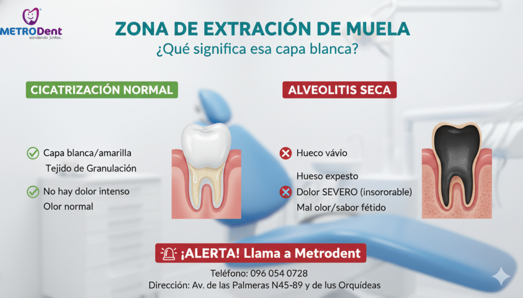 capa blanca en zona de extracción de muela, curación post extracción, alveolitis seca, coágulo dental, tejido de granulación, cuidados post extracción, dolor después de sacar muela, extracción muela, Metrodent, qué es fibrina
