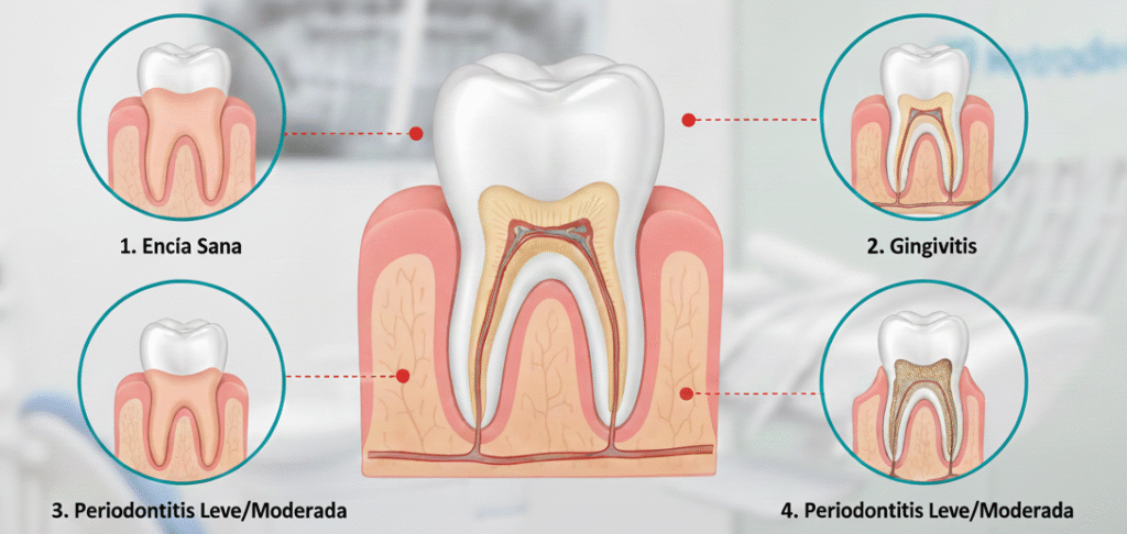 periodontal que es, enfermedad periodontal, periodontitis, gingivitis, encías sangrantes, retracción de encías, limpieza profunda dental, raspado y alisado radicular, salud de encías, Metrodent